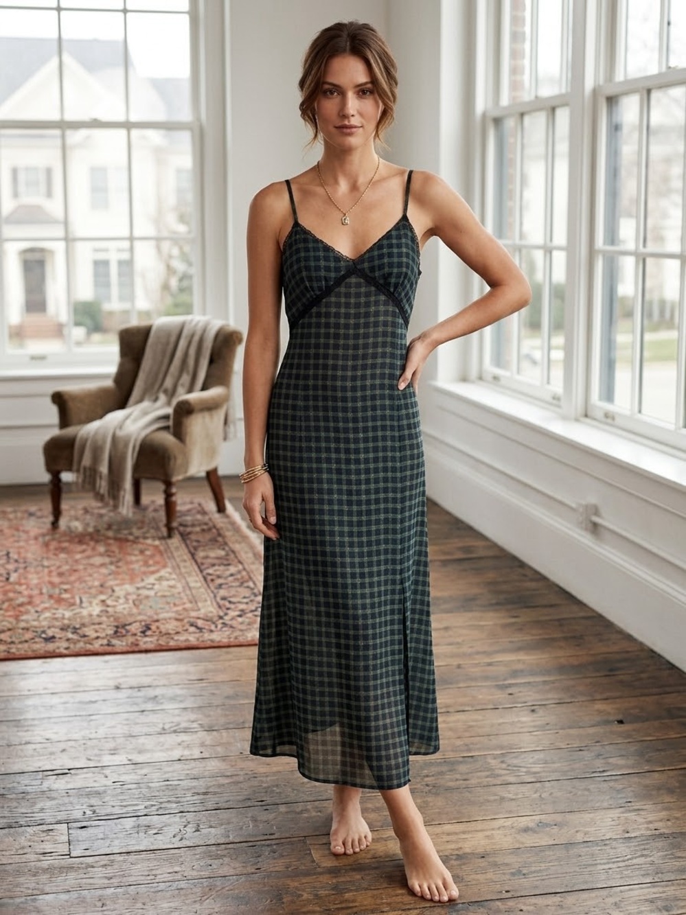Denim & Supply Ralph Lauren Green Plaid Spaghetti-Strap Maxi Dress - Size S/M